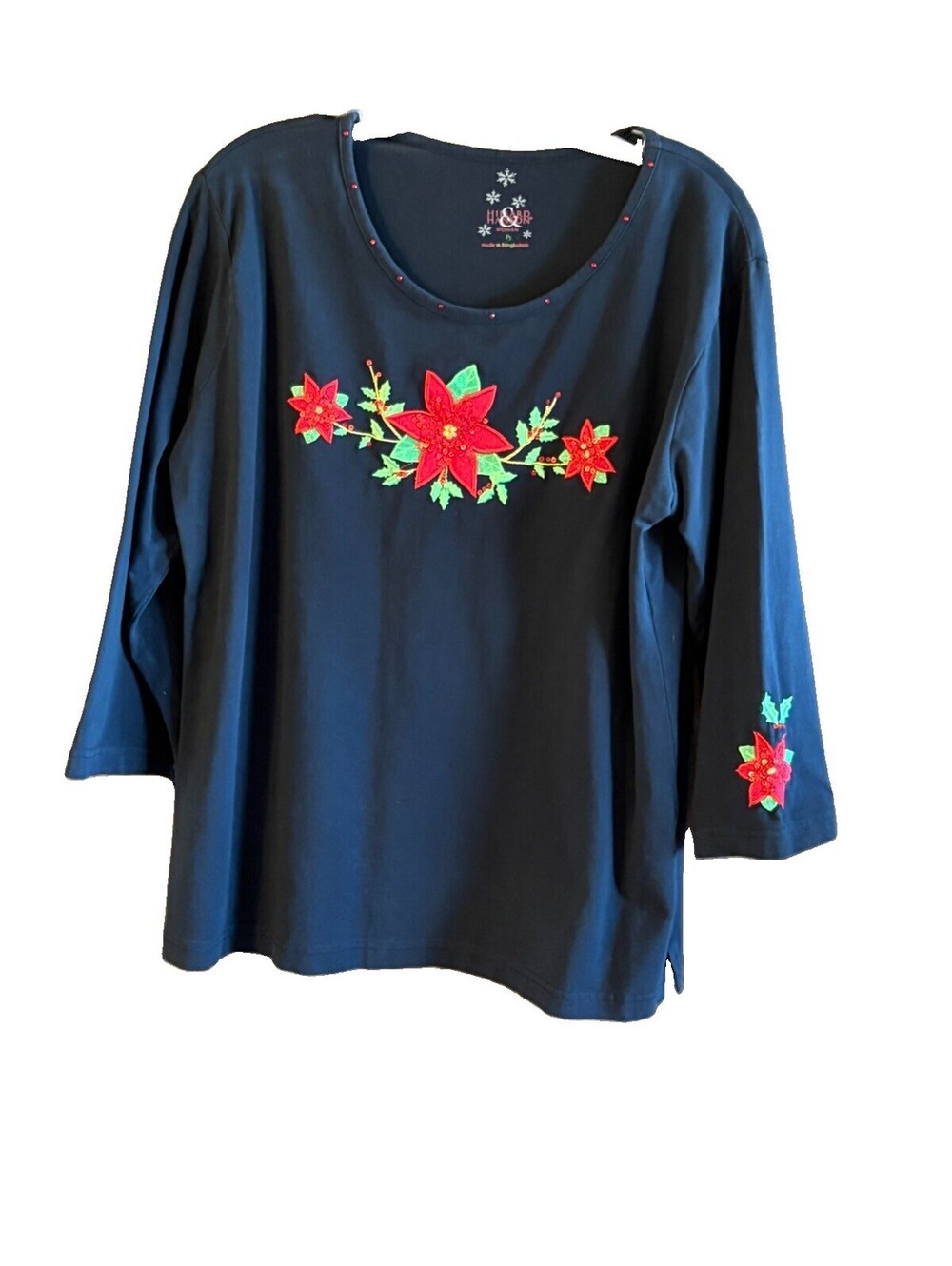 Hillard And Hanson Christmas Top PL Black With Poinsettias Sequins Rhinestones